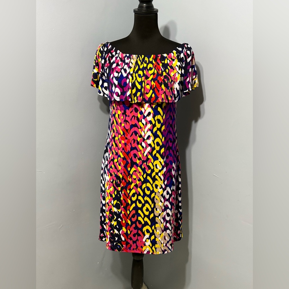 Trina‎ Turk off-the-shoulder vibrant, multi-color abstract print dress women’s S